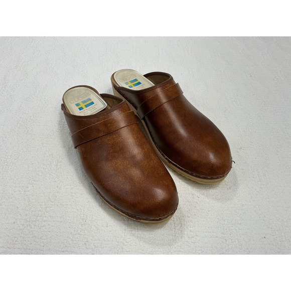 Swedish Clogs Mens Brown Leather Wood Sole Slip On Mules Made in Sweden  Size 47